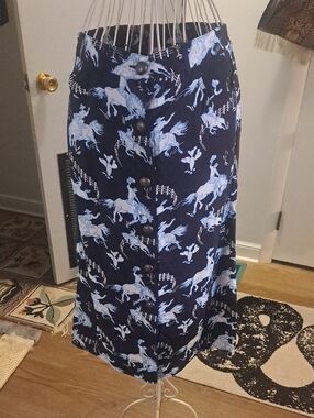 Avani Navy Blue Button-Front Western Horse Print Midi Skirt Sz S